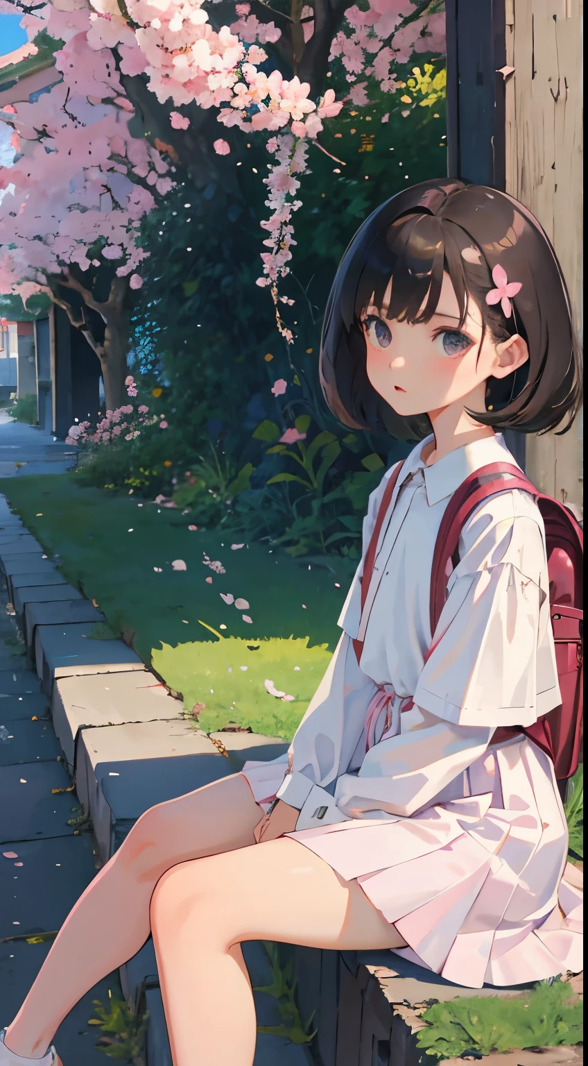crouching down,(child),(masterpiece,Highest Quality),pink pleated miniskirt,White rucksack,shortsleeves,A dark-haired,Summer Classroom,The wind is blowing,A path lined with flourishing cherry blossom trees