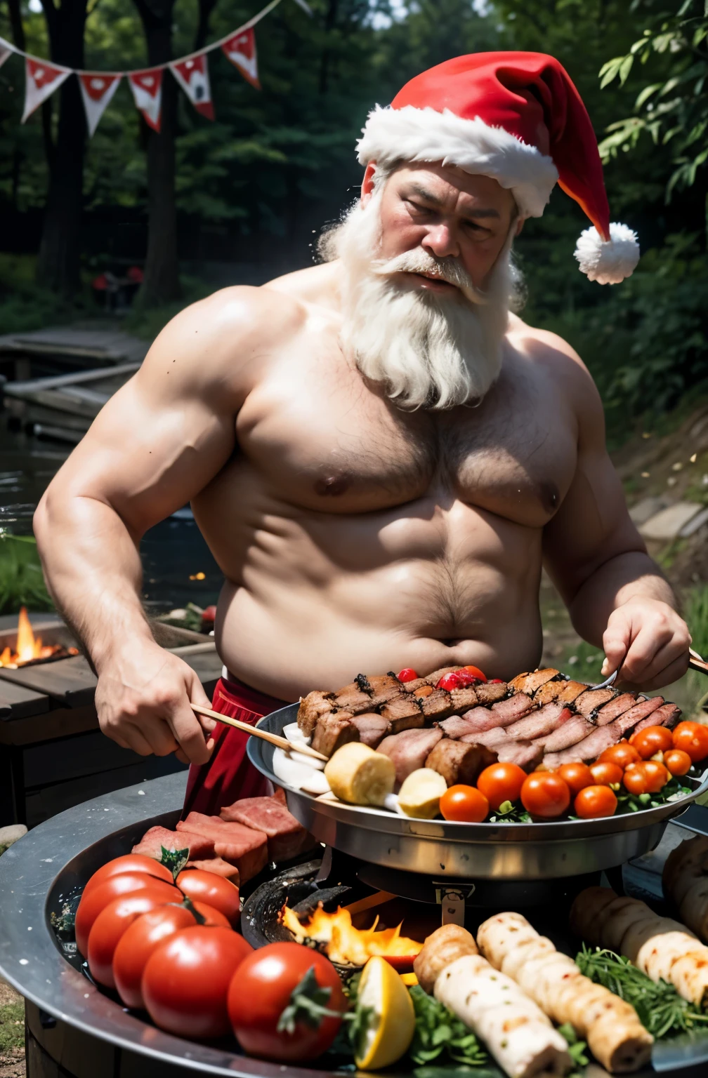 A bright sunny summer day. Near the river, in a clearing. Close-up. Santa Claus, a naked fat body in red underpants and a red hat. In the foreground a brazier, on which pieces of meat and tomatoes on skewers are roasting. Coals in the brazier are smoldering, light steam is rising.