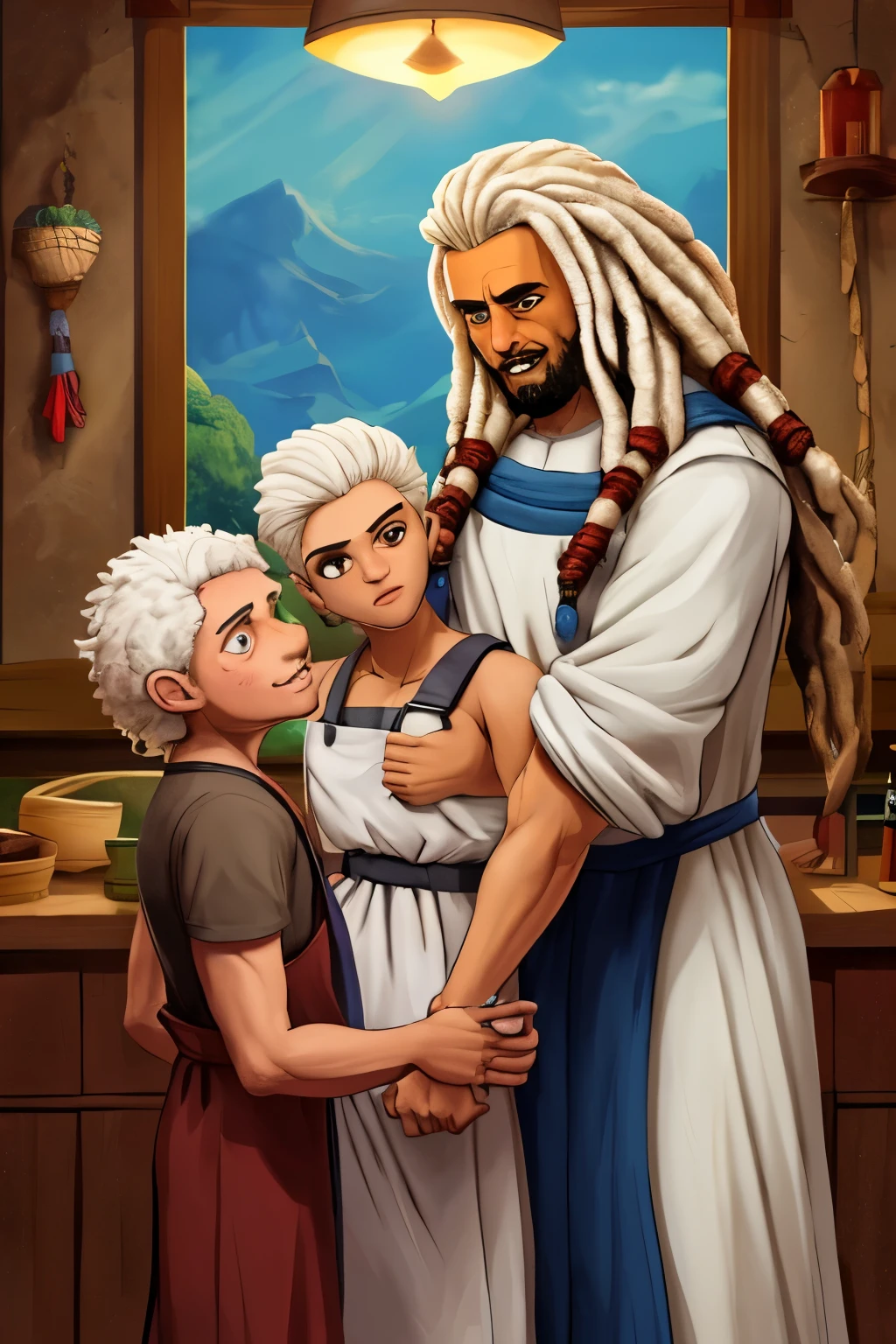 now he is 60 years old white hair white beard Baker teaching his son how to make bochen. in a furnaceBread of original artistic quality&#39;bochen  , imagem de JESUS DEUS, ,negro moreno mulato , corpo inteiro,cabelo afro jovem e bonito caindo para frente, Rasta,  Disney character animation style, cara, but braided, JESUS DEUS, standing posture, hands naturally placed on both sides, olhando para frente, soft smiling expression, olhos cheios de luz, luz de fundo azul, translucid, com luz como tema, the focus of light is on the characters, the overall picture is fresh and bright.