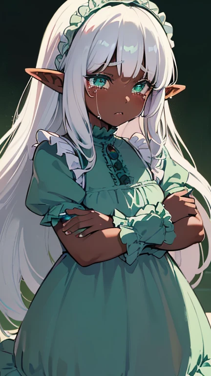(((I want an elf with dark skin, long white hair and detailed green eyes, a childish and chubby body, wearing a light blue dress with ruffles, Crying, hugging her mother)))