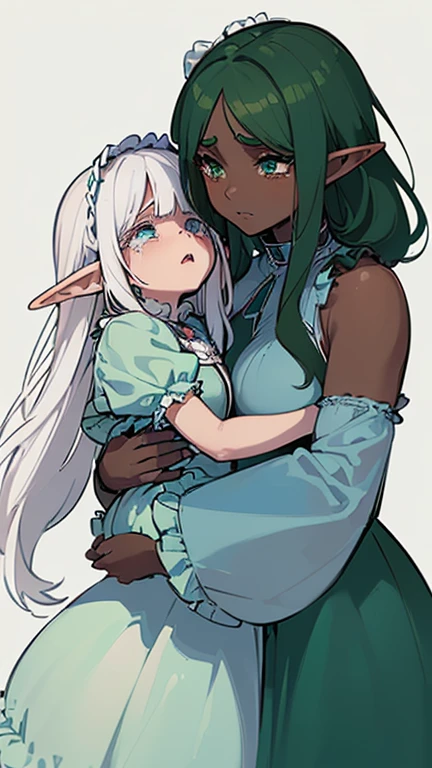(((I want an elf child with dark skin, long white hair and detailed green eyes, a childish and chubby body, wearing a light blue dress with ruffles, Crying, hugging her mother)))