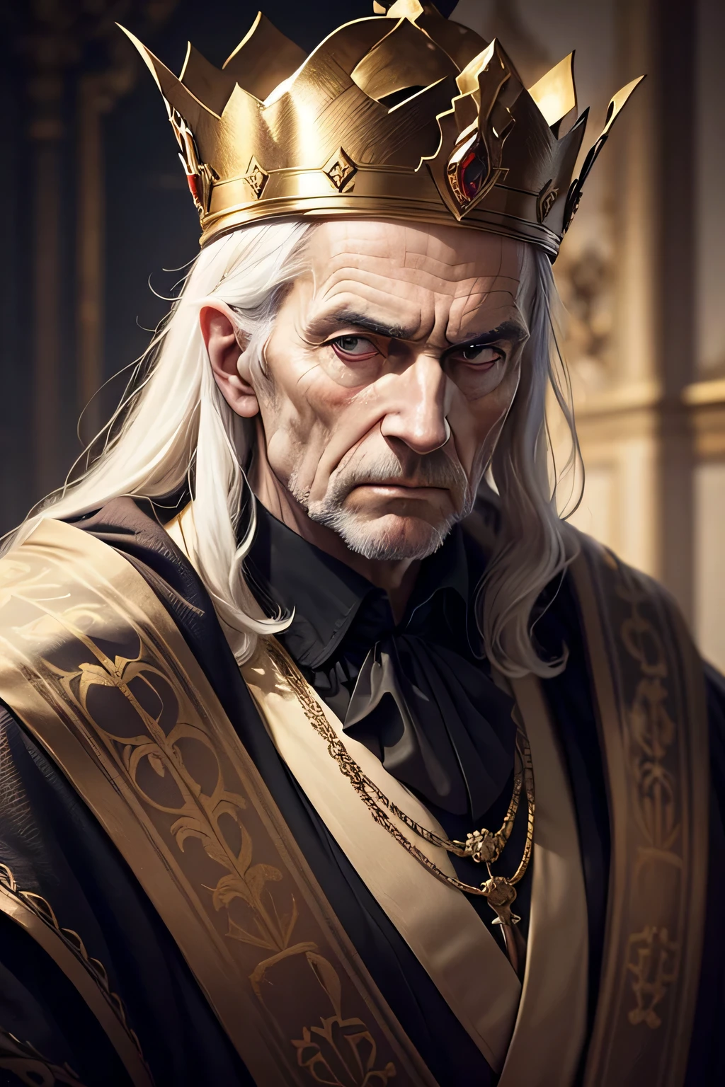 Portrait of an old European king with a serious look in a crown and royal robe, ominous vibe, blurred background, Image, the king looks at the camera