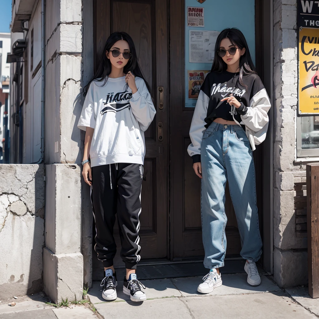 una chica, cabello color blanco, largo, ojos azules, abrigo blanco, lentes de sol negros, pantalones negros, zapatillas Jordan, streetwear, mucho dinero