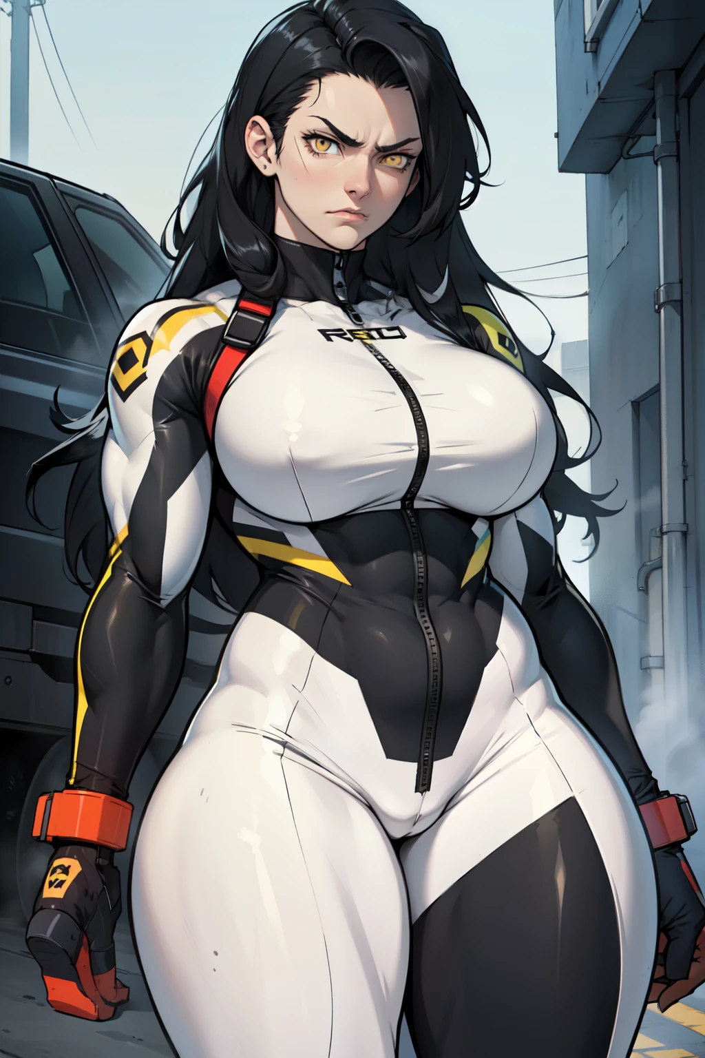 best quality best quality best quality black hair yellow eyes pale skin muscular huge greasts thick thighs angry solo extremely long hair girl body suit highly detailed highly detailed thick thick