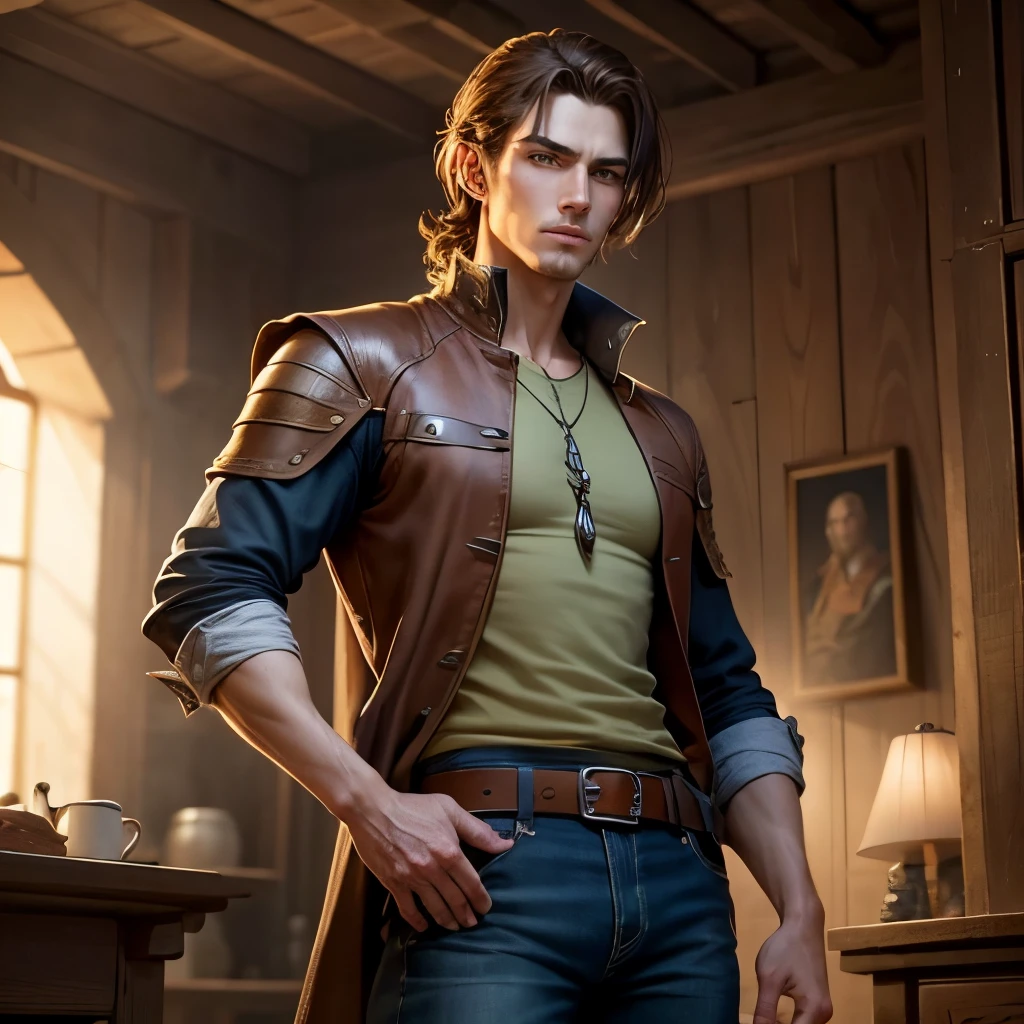 8k, masterpiece, best quality, realistic, higly detailed, cowboy shot, 1man, solo, Sam Xiloscent, elf, a 193 cm tall man, slender and athletic build, longer, tousled brown hair, expressive hazel eyes, square jawline, angular face, sense of determination and intensity, wears practical and casual attire, jeans, jackets, and T-shirts, thoughtful, intellectual, and compassionate, medieval bard, medieval rogue, fantasy