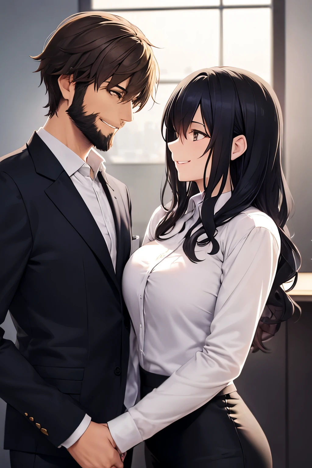 A female with black wavy hair and brown eyes dressed in Gothic style. She is standing next to a man with light brown hair and blue eyes. He has a beard and is wearing a with button down shirt and a pair of dress pants. There smiling at each other.