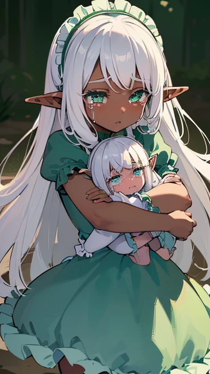 (((I want an elf child with dark skin, long white hair and detailed green eyes, a childish and chubby body, wearing a light blue dress with ruffles, Crying, hugging her mother)))