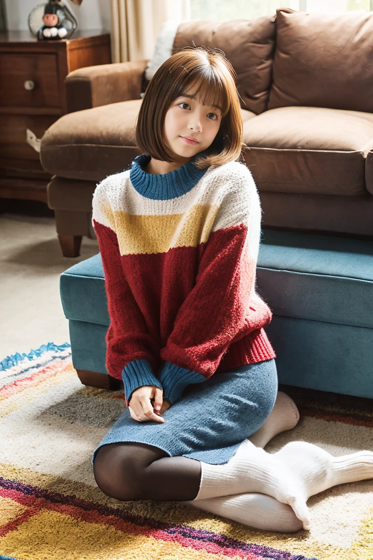 A beautiful girl wearing a bright two-colored pile sweater、With bangs、Short Bob、Bruises、14years、inside in room、sofas、(Wool miniskirt)、wool tights、