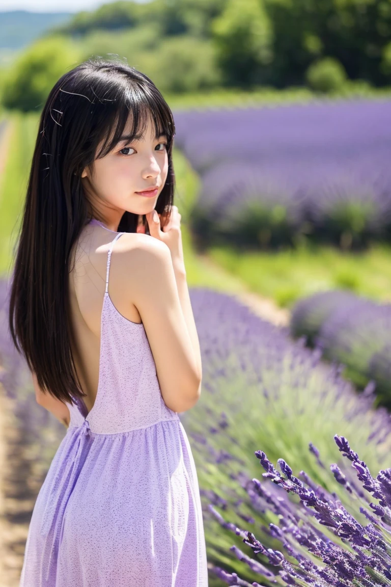 Provence region、Lavender on one side、The person is from the back、Japanese girl around 17 years old、Rear head、((I can't see my face))、white summer dress、Black hair straight long、((The person is standing 1000m away))、