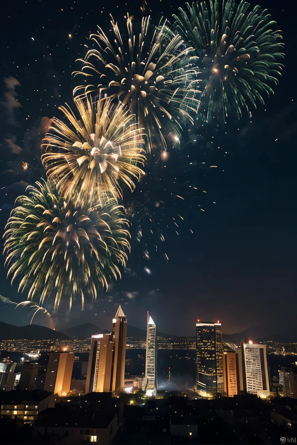 Draw a night scene of a city celebrating the New Year. Start by creating a dark background to represent the night sky.. Em seguida, draw various buildings of different heights and sizes, leaving space between them for the launch of fireworks. Add details to buildings, como janelas acesas, portas e varandas. Agora, draw curved lines coming off the tops of buildings to represent fireworks rising into the sky. Add colored explosions at the ends of the lines to represent fireworks explosions. Use cores vibrantes como vermelho, azul, verde, amarelo e roxo. Add some bright spots in the sky to represent stars and fireworks reflections. Por fim, add some silhouettes of people on the streets to give a sense of celebration and excitement.