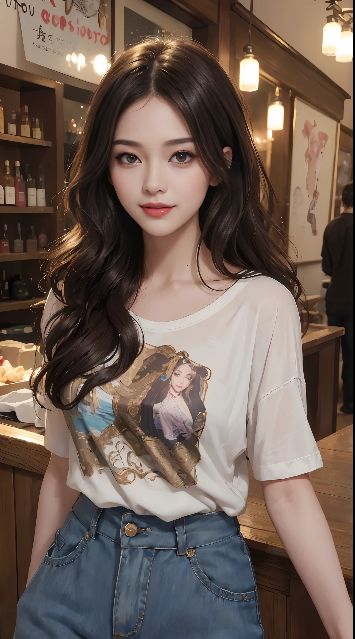 (top-quality、hight resolution、​masterpiece:1.3)、Pretty women、Slender figure、smile,shiny skin peal skin Dark brown hair styled in loose waves、tshirts、Intricate details exquisitely rendered in the texture of the face and skin、sexy pose,A detailed eye、二重まぶた