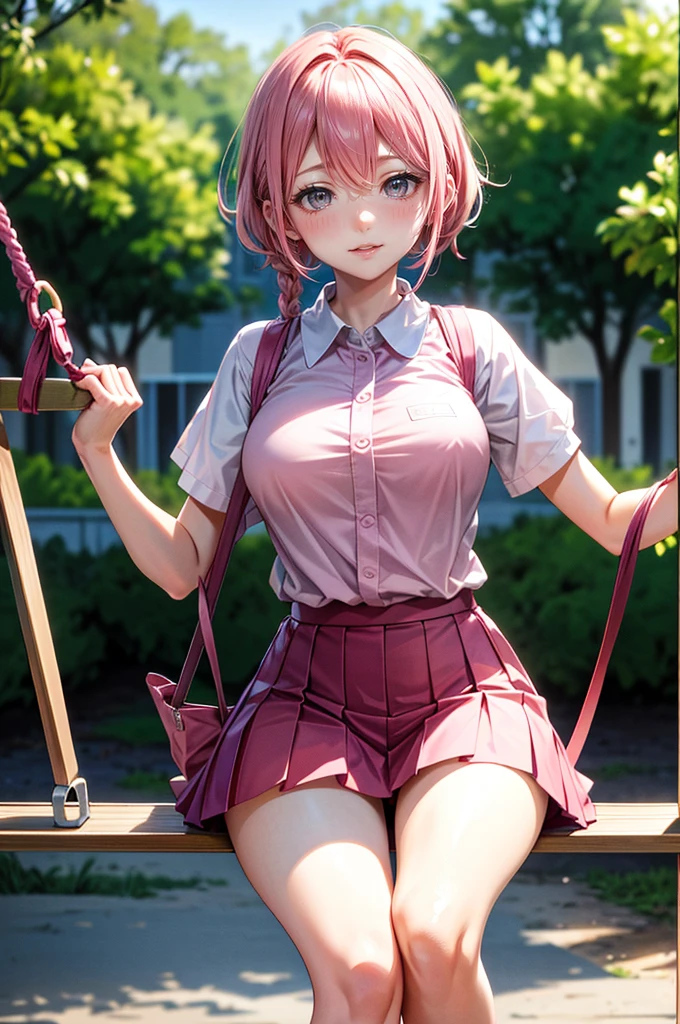 (Best Quality, 4K, 8K, hight resolution, masutepiece:1.2), Pink Hair、short braided hair。her breasts are beautiful and big。The location:a park garments:School Uniforms Riding on a swing。