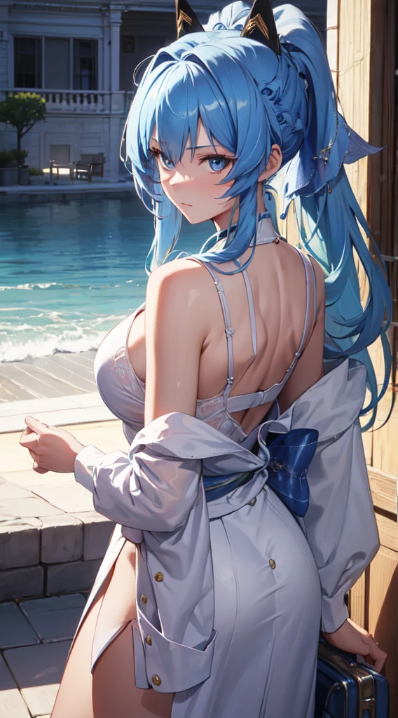 masutepiece, Detailed, Best Quality, Beautiful Girl, very small lace translucent bikini, Shackles, stock, Troubled face, big pool (prison), sexy girl 1girl in, aqua from konosuba character, female, Blunt bangs, Big breasts, Amused expression, Looking at Viewer, big butt, mature body, very big , blue eyes, super small thong, big butt, full body picture, cameltoe,micro transparent lace lingerie, nsfw, opening legs, g string, light blue hair