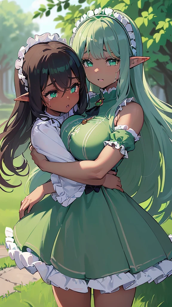 (((I want an elf with dark skin, long white hair and detailed green eyes, a childish and chubby body, wearing a light blue dress with ruffles, Crying, Hugged by her mother who has brown skin and black hair with beautiful green eyes and a voluminous body)))