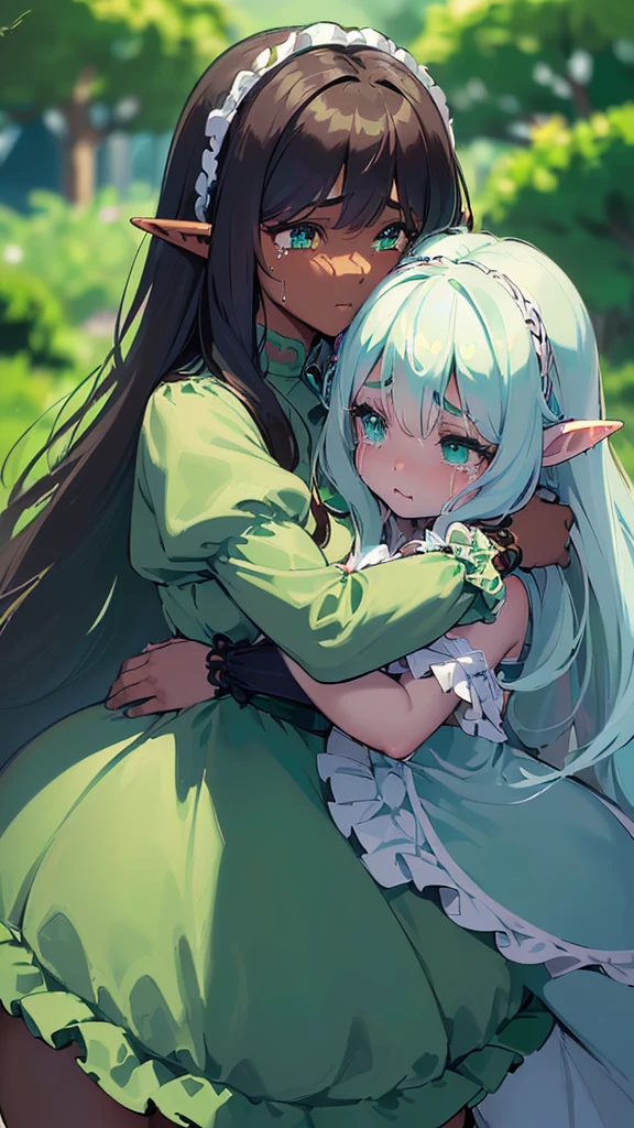 (((I want an elf  with dark skin, long white hair and detailed green eyes, a childish and chubby body, wearing a light blue dress with ruffles, Crying, Hugged by her mother who has brown skin and black hair with beautiful green eyes and a voluminous body)))