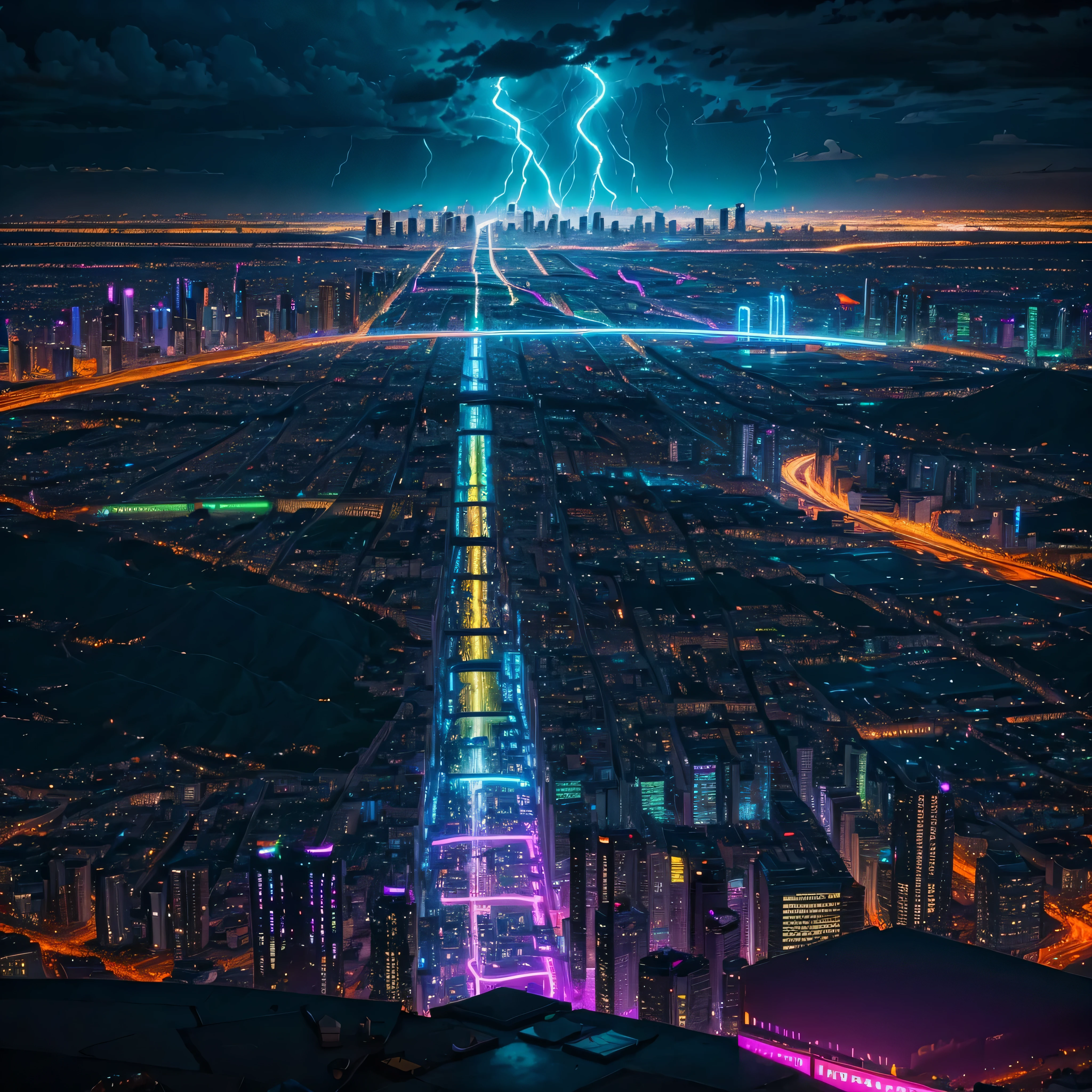 A view of a city with lightning and lightning strikes in the sky ...