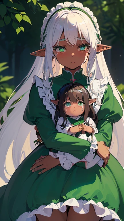 (((I want an elf  with dark skin, long white hair and detailed green eyes, a childish and chubby body, wearing a light blue dress with ruffles, Crying, Hugged by her mother who has brown skin and black hair with beautiful green eyes and a voluminous body)))