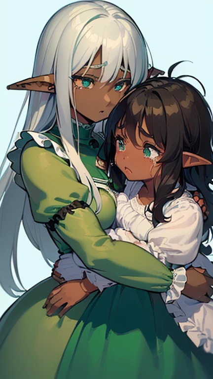 (((I want an elf  with dark skin, long white hair and detailed green eyes, a childish and chubby body, wearing a light blue dress with ruffles, Crying, Hugged by her mother who has brown skin and black hair with beautiful green eyes and a voluminous body)))