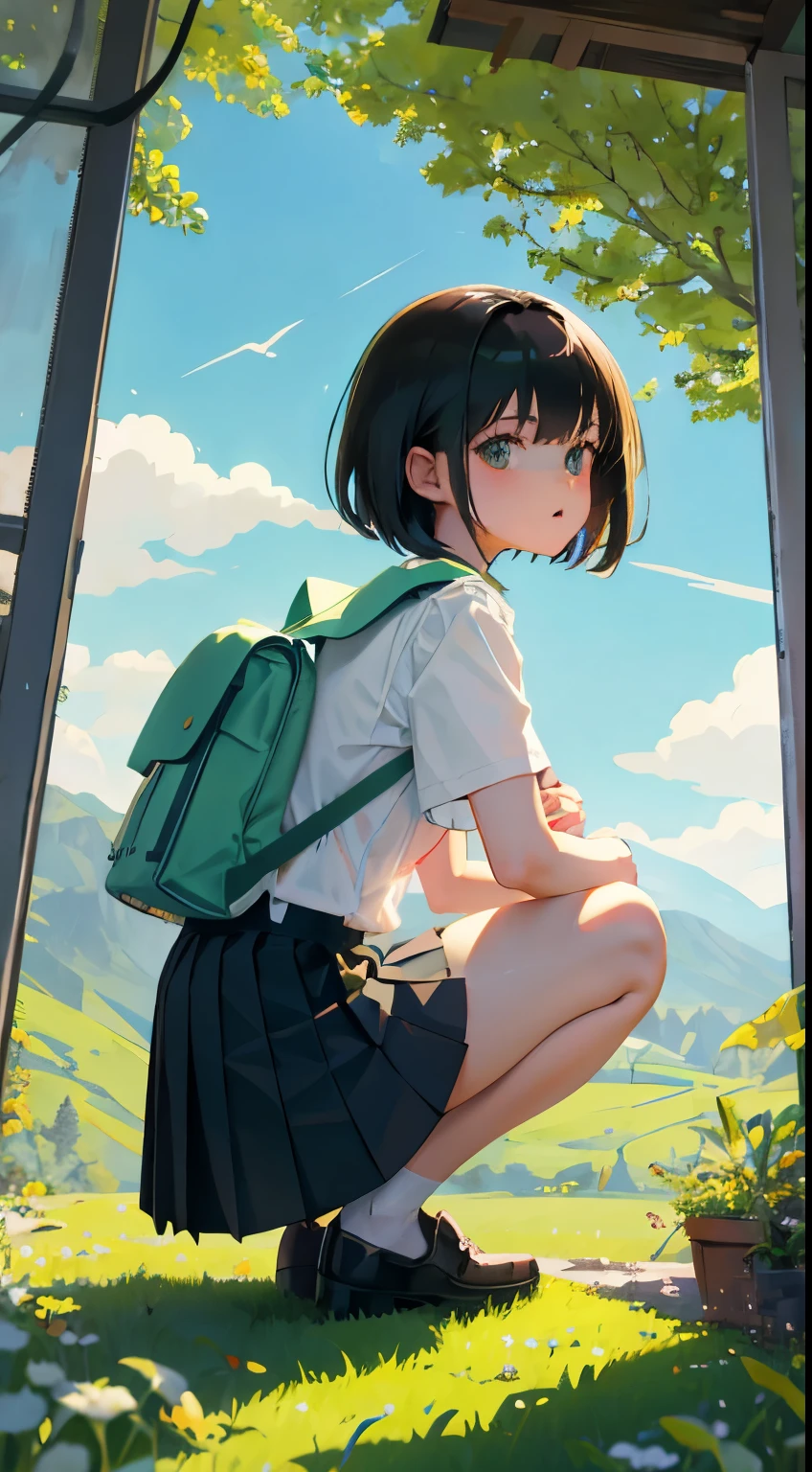 crouching down,(child),(masterpiece,Highest Quality),light green pleated miniskirt,White rucksack,shortsleeves,A dark-haired,Summer Classroom,The wind is blowing,the woods