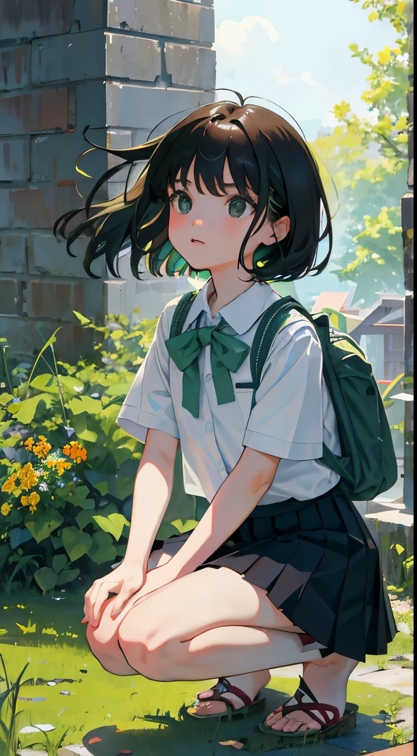 crouching down,(child),(masterpiece,Highest Quality),light green pleated miniskirt,White rucksack,shortsleeves,A dark-haired,Summer Classroom,The wind is blowing,the woods