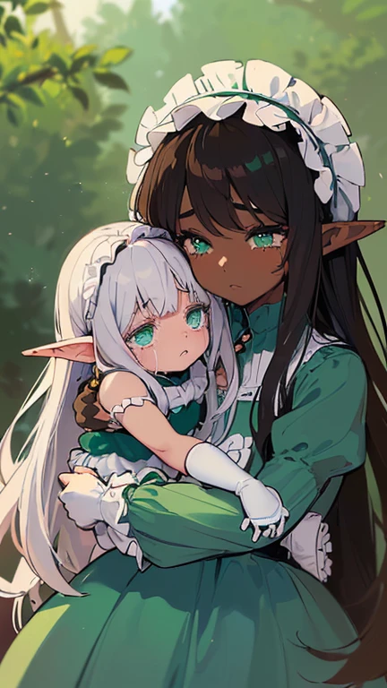 (((I want an elf child with dark skin, long white hair and detailed green eyes, a childish and chubby body, wearing a light blue dress with ruffles, Crying, Hugged by her mother who has brown skin and black hair with beautiful green eyes and a voluminous body)))