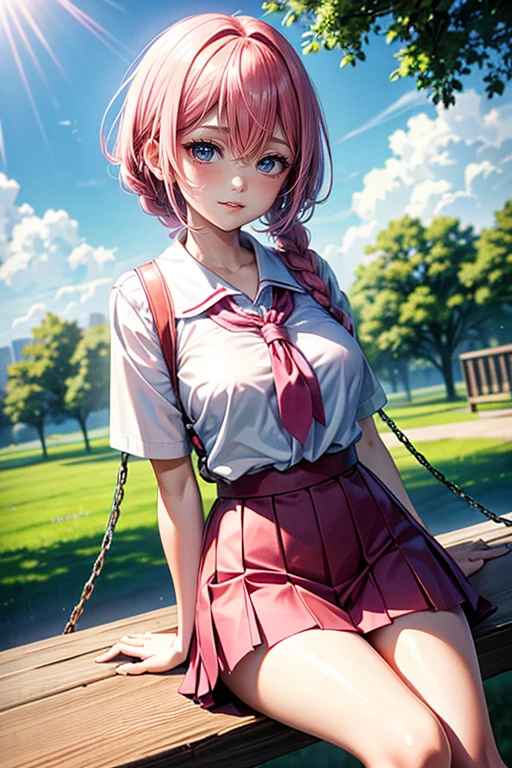 (Best Quality, 4K, 8K, hight resolution, masutepiece:1.2), Pink Hair、short braided hair。her breasts are beautiful and big。The location:a park　garments:School Uniforms　riding on a chain swing。