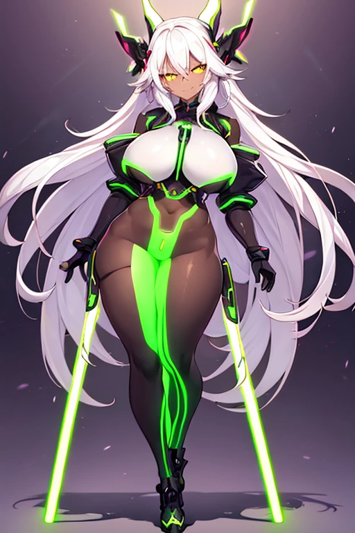1girl, dark-skinned female, breasts, large breasts, wide hips, white hair, long hair, yellow eyes, smile, smirk, smug, sleeves, short sleeves, bodysuit, pantyhose, futuristic, science-fiction, neon trim, neon, full body, ((full body)), standing, green neon trim,