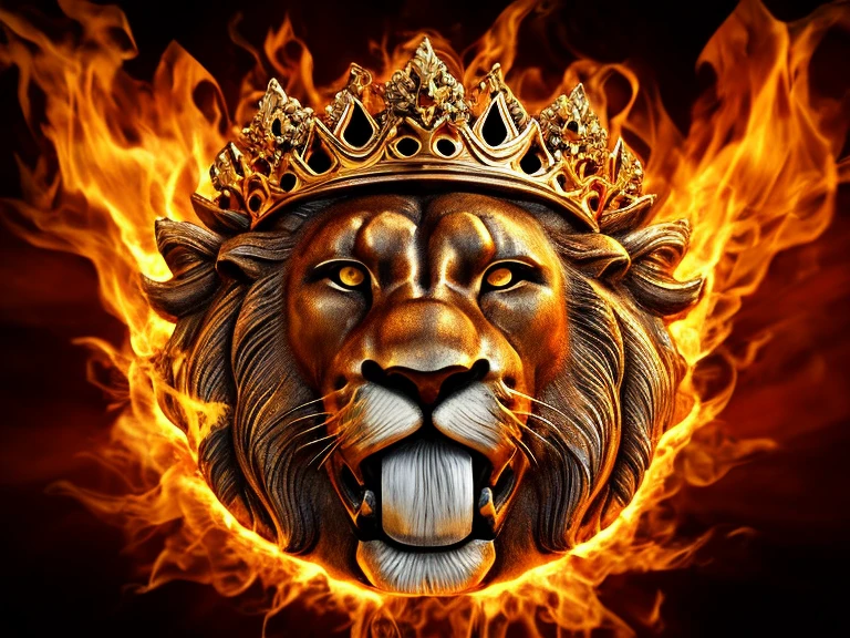 roaring lion face in flames with 3D king crown, fundo claro