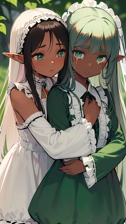 (((I want an elf child with dark skin, long white hair and detailed green eyes, a childish and chubby body, wearing a light blue dress with ruffles, Crying, Hugged by her mother who has brown skin and black hair with beautiful green eyes and a voluminous body)))