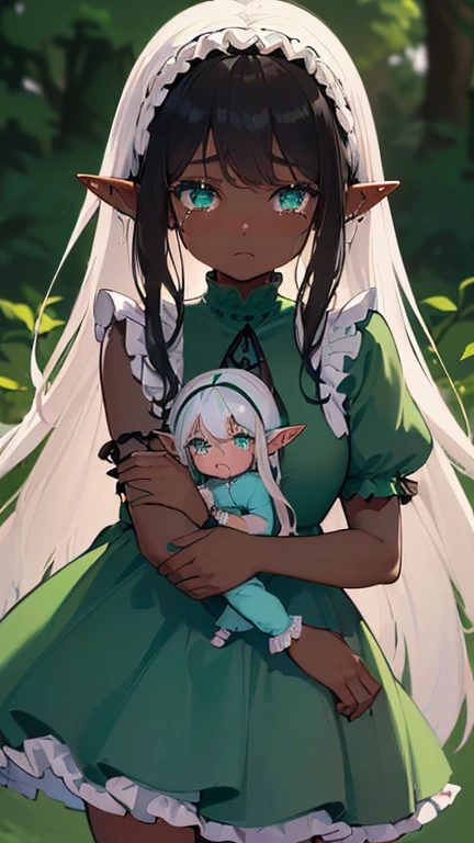 (((I want an elf child with dark skin, long white hair and detailed green eyes, a childish and chubby body, wearing a light blue dress with ruffles, Crying, Hugged by her mother who has brown skin and black hair with beautiful green eyes and a voluminous body)))