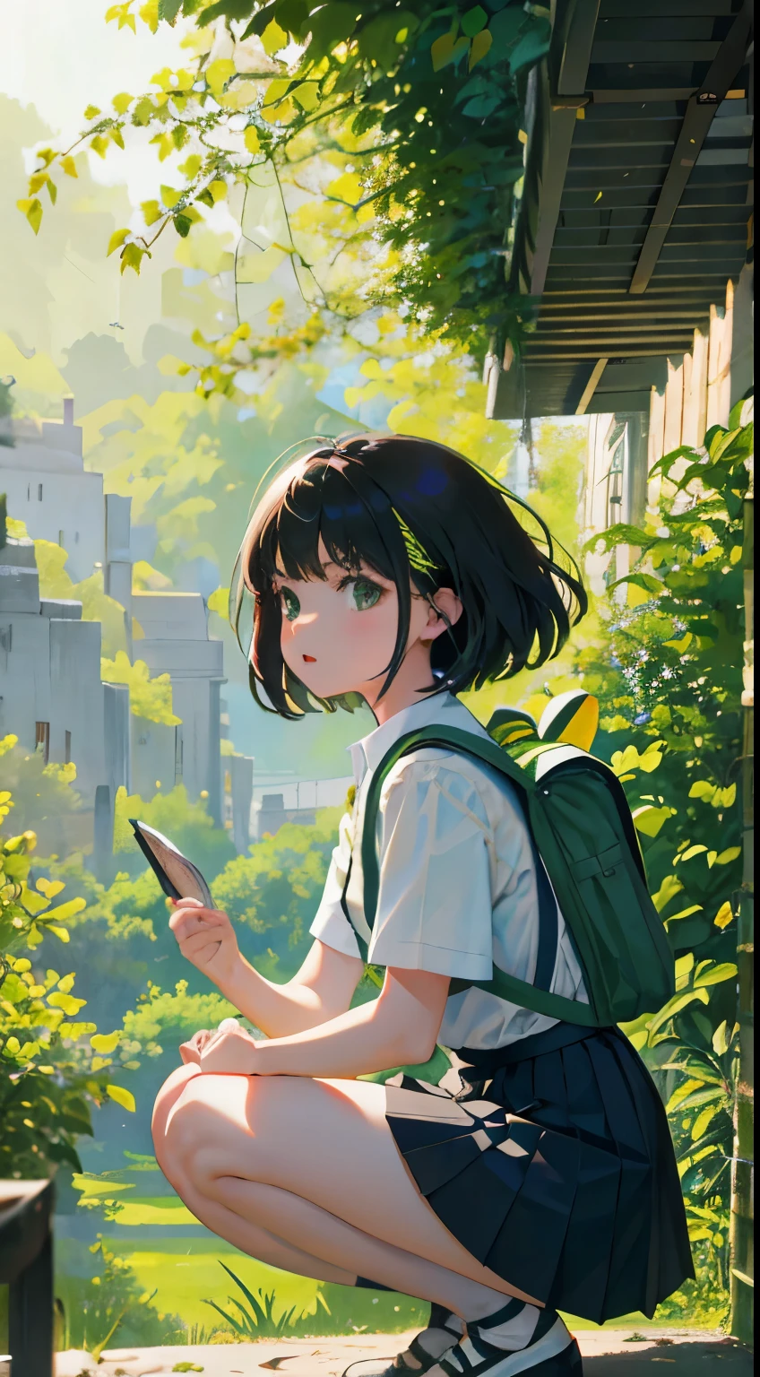 crouching down，(child)，（​masterpiece，Highest Quality)，light green pleated miniskirt，White rucksack，shortsleeves，A dark-haired，Summer Classroom，The wind is blowing，the woods