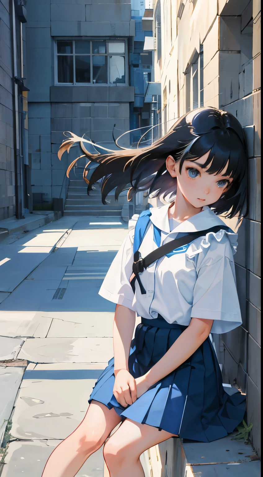 crouching down，(child)，（​masterpiece，Highest Quality)，light blue pleated miniskirt，White rucksack，shortsleeves，A dark-haired，Summer Classroom，The wind is blowing，by lake