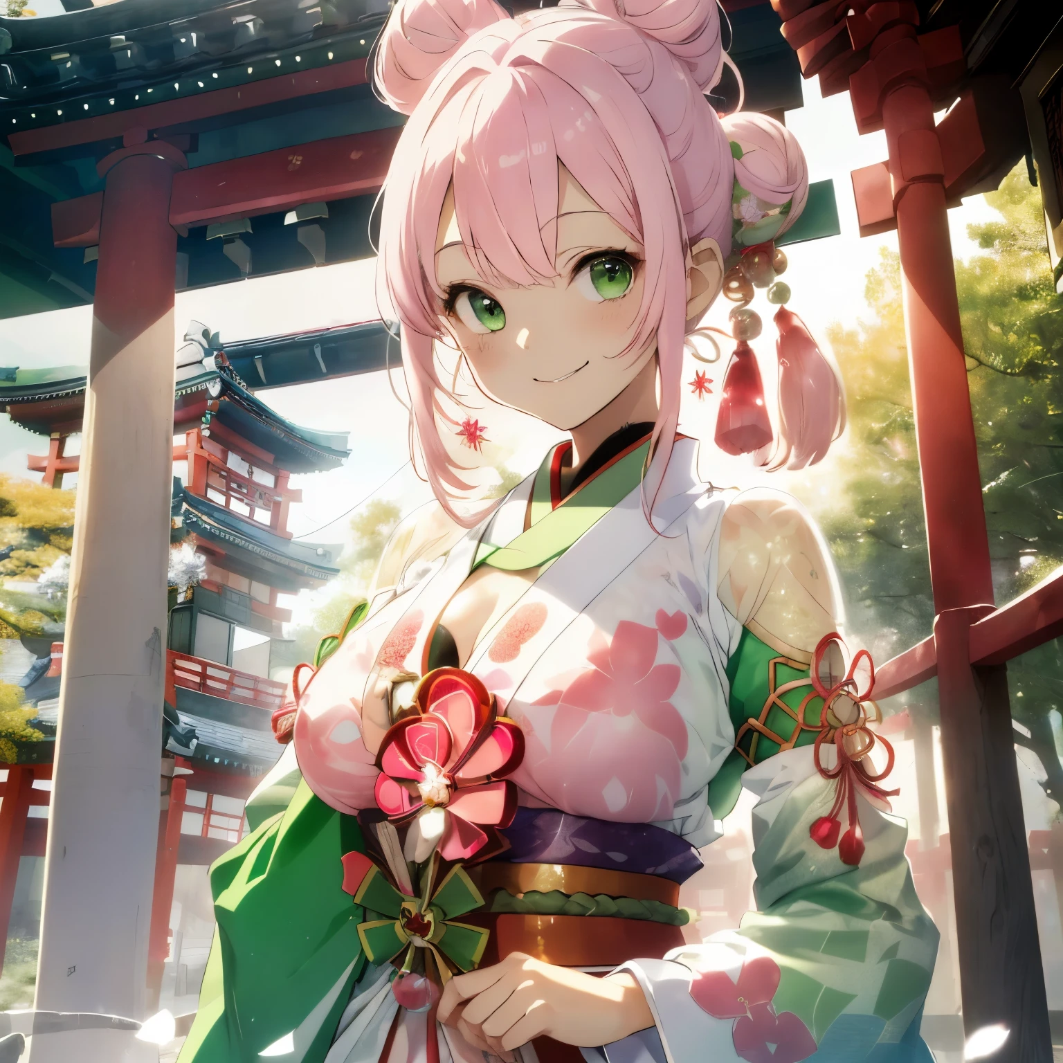 (Light pink hair:1.2),(Bun hair:1.2),(Light green eyes),(With bangs),(First visit to a shrine:1.25),(colourfull:1.2),(Staring at me),(Japanese pattern clothing:1.4),(accessories like flowers and crystals:1.3),(Lower breast:1.5),(Transparent double sleeve long sleeves:1.5),(chest protruding from clothes,:1.4),gently smiling,Slight red tide,(Kamimei),(Perspective from above:1.2),(Close-up of face 1.35),(white and red and green and black:1.25),