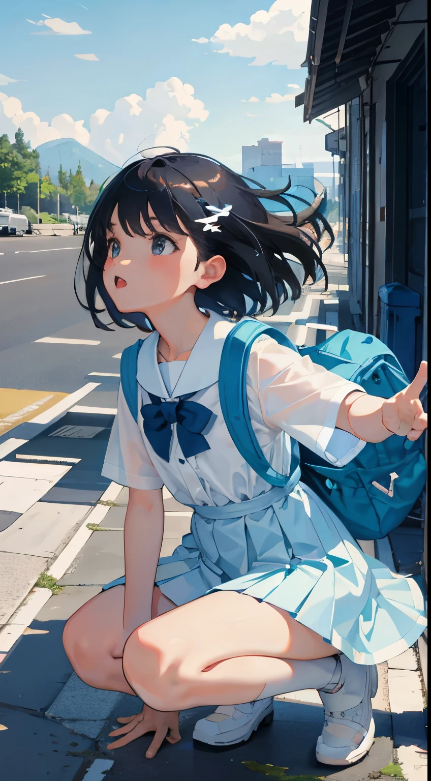 crouching down，()，（​masterpiece，Highest Quality)，light blue pleated miniskirt，White rucksack，shortsleeves，A dark-haired，Summer Classroom，The wind is blowing，by lake