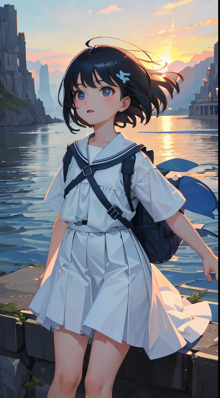 crouching down,(child),(masterpiece,Highest Quality),light blue pleated miniskirt,White rucksack,shortsleeves,A dark-haired,Summer Classroom,The wind is blowing,by lake