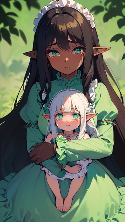 (((I want an elf child with dark skin, long white hair and detailed green eyes, a childish and chubby body, wearing a light blue dress with ruffles, Crying, Hugged by her mother who has brown skin and black hair with beautiful green eyes and a voluminous body)))