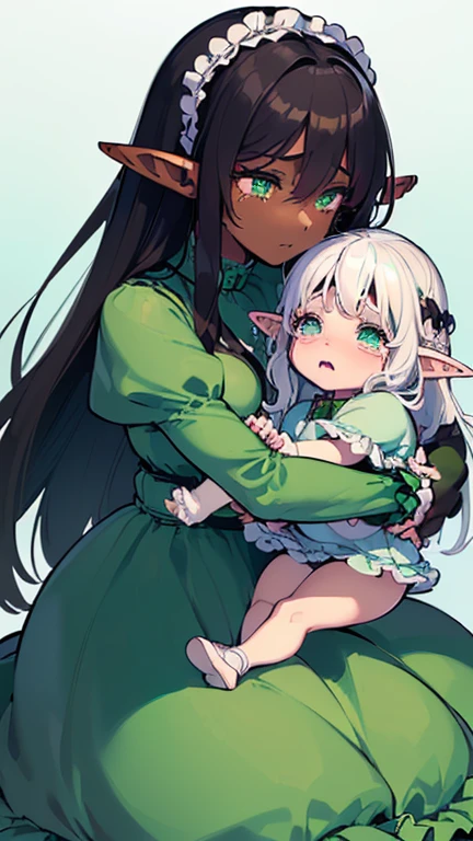 (((I want an elf child with dark skin, long white hair and detailed green eyes, a childish and chubby body, wearing a light blue dress with ruffles, Crying, Hugged by her mother who has brown skin and black hair with beautiful green eyes and a voluminous body)))