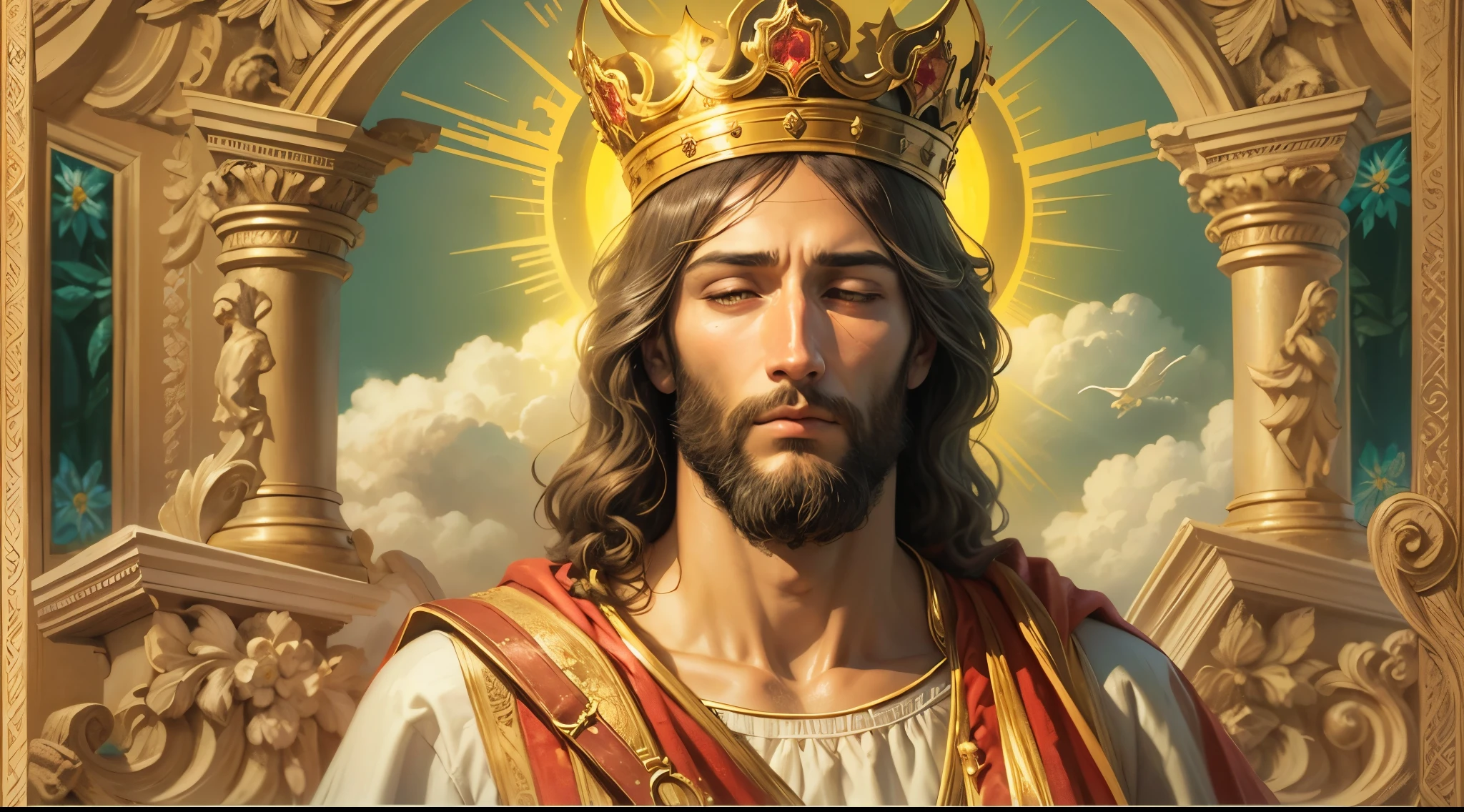 Close up of an image of a man Jesus with a golden crown on his head praying and blessing, Jesus homem, o da fortuna, perfeito, Reslistic, Biblical setting, celestial scenery, sol e nuvens ultras realistas, flores e velas, Jesus illuminated from heaven, Passes em segundo plano, flores coloridas, velas acesas, roupas brancas e vermelhas.