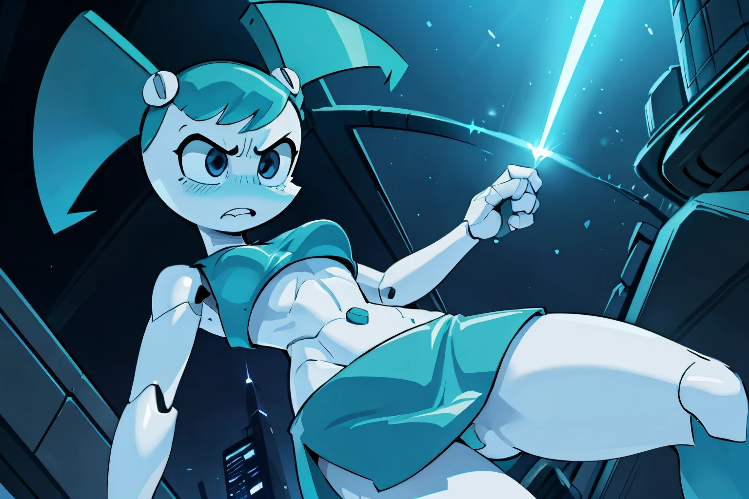 High quality portrait of Jenny Wakeman fighting aliens in a futuristic city. Day time. Angry face. Robot body, robot joints. Blue bolt on belly button, blue mini skirt