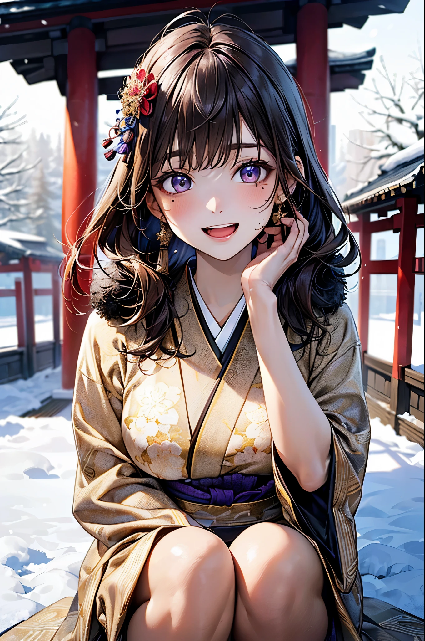 ((perfect anatomy, anatomically correct, super detailed skin)),
1 girl, japanese, 16 years old, shiny skin, large breasts:0.5, looking up, watching the view,
beautiful hair, beautiful face, beautiful detailed eyes, (middle hair:1.4, half undo:1.7), blown hair, blue eyes, babyface, mole under eye,
(((traditional japanese clothing:1.2, with an intricate flower pattern:1.3, with gold embroidery:1.2, metallic purple fabric:1.5, fur muffler, luxurious hair ornament))),
((smile:1.5, open mouth)), squatting,
(beautiful scenery), winter, dawn, (new year's day, first visit), hokkaido, sapporo, outside shrine, crowd, snow, snowfall:1.5, freezing weather, frost,
(8k, top-quality, masterpiece:1.2, extremely detailed), (photorealistic:1.2), beautiful art, visual art, depth of fields, natural lighting,