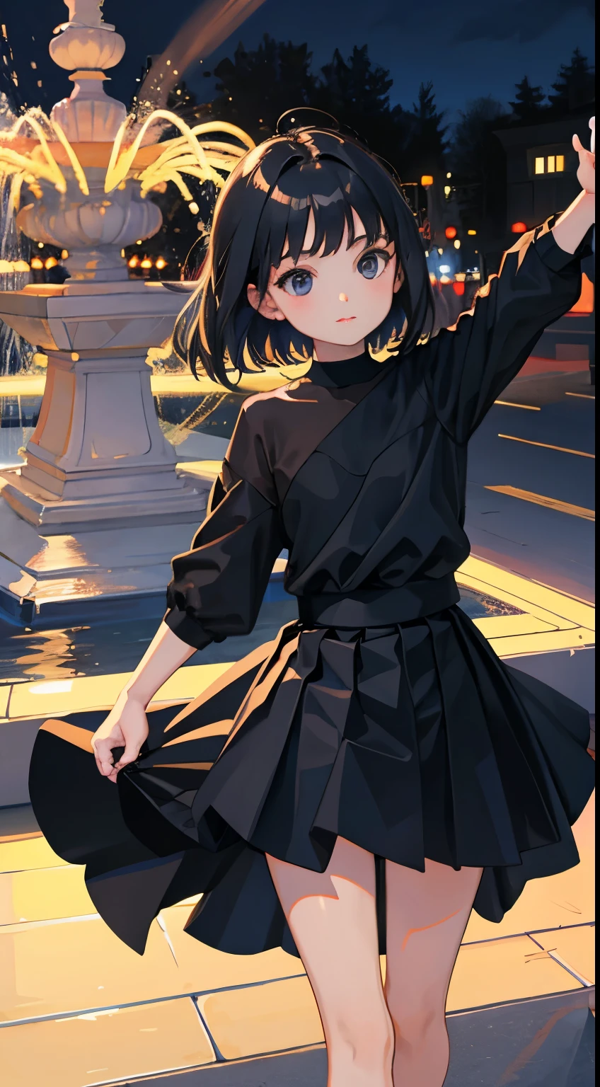 ,(child),(masterpiece,Highest Quality),black pleated miniskirt,A dark-haired,The wind is blowing,The fountain