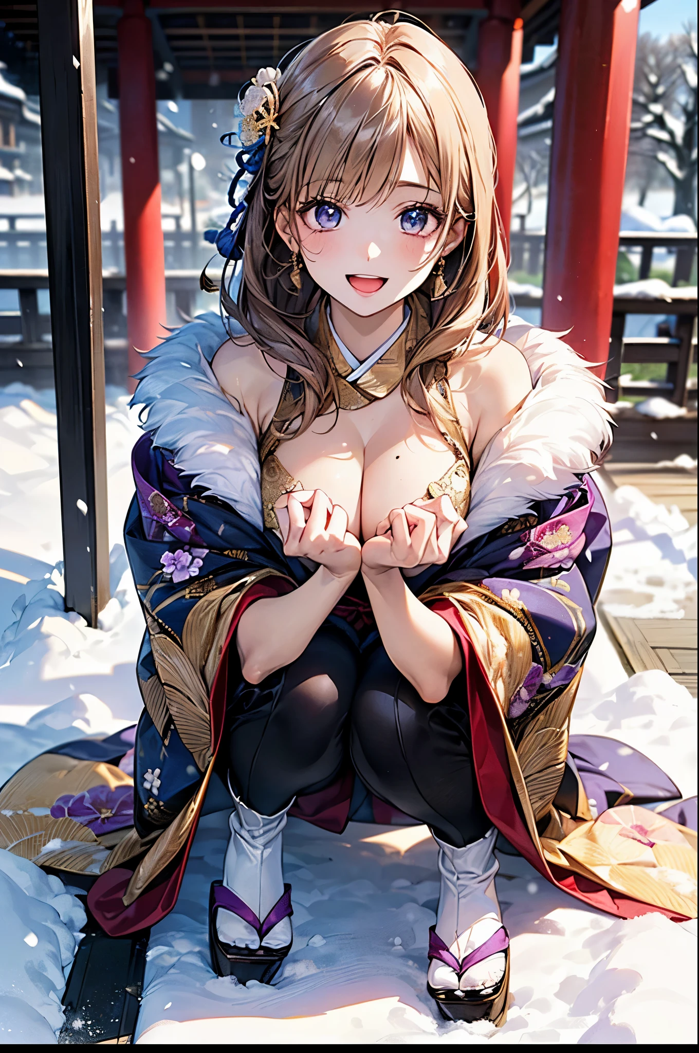 ((perfect anatomy, anatomically correct, super detailed skin)),
1 girl, japanese, , shiny skin, large breasts:0.5, looking up, watching the view,
beautiful hair, beautiful face, beautiful detailed eyes, (middle hair:1.4, half undo:1.7), blown hair, blue eyes, babyface, mole under eye,
(((traditional japanese clothing:1.2, with an intricate flower pattern:1.3, with gold embroidery:1.2, metallic purple fabric:1.5, fur muffler, luxurious hair ornament))),
((smile:1.5, open mouth)), squatting,
(beautiful scenery), winter, dawn, (new year's day, first visit), hokkaido, sapporo, outside shrine, crowd, snow, snowfall:1.5, freezing weather, frost,
(8k, top-quality, masterpiece:1.2, extremely detailed), (photorealistic:1.2), beautiful art, visual art, depth of fields, natural lighting,
