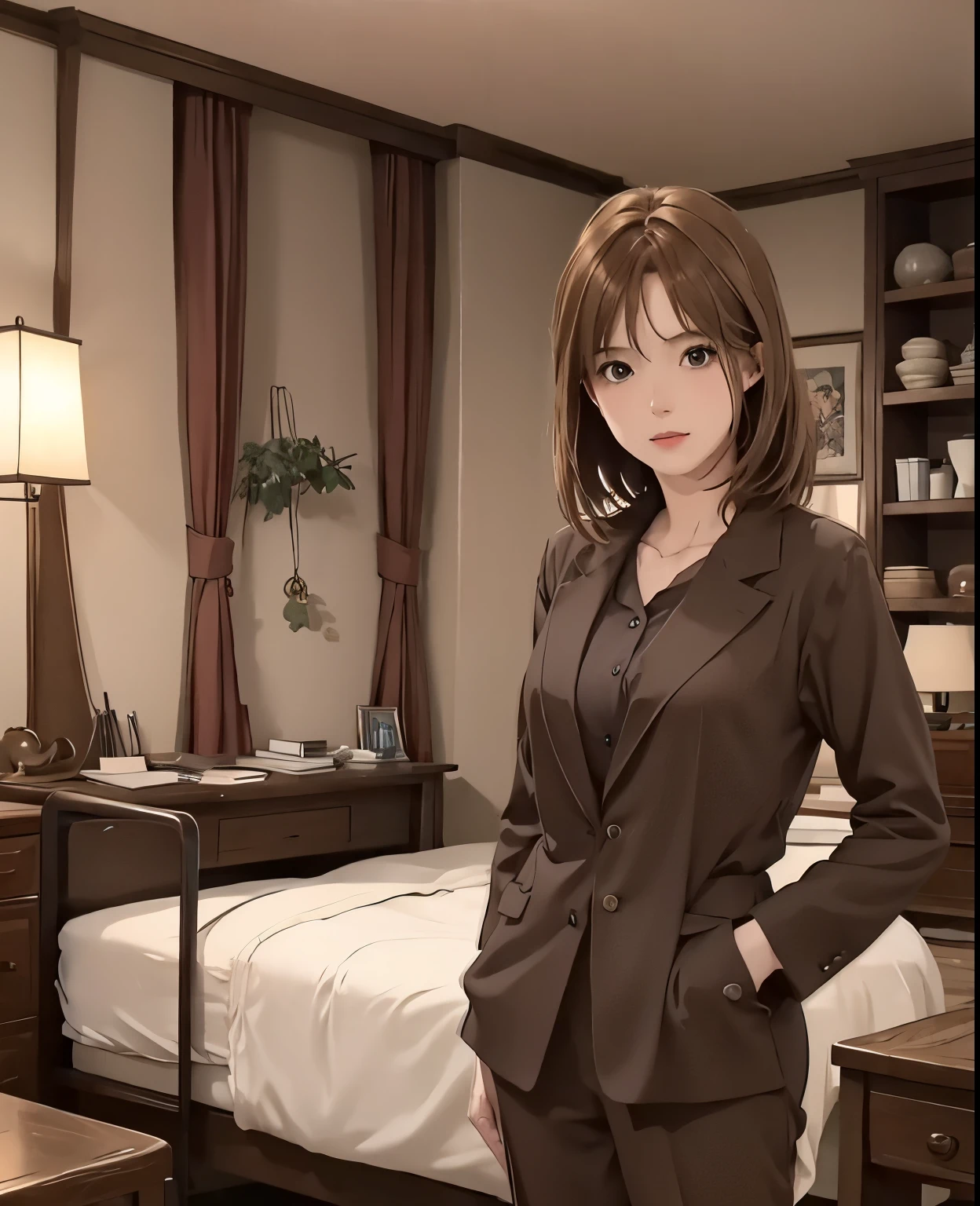 hightquality、masuter piece、8K、Photorealistic anime drawings、Interior of antique shop interior shop、(Lots of furniture、a bed、desk)、(1girl in、23years old、Brown-haired shorthair、pant suit)