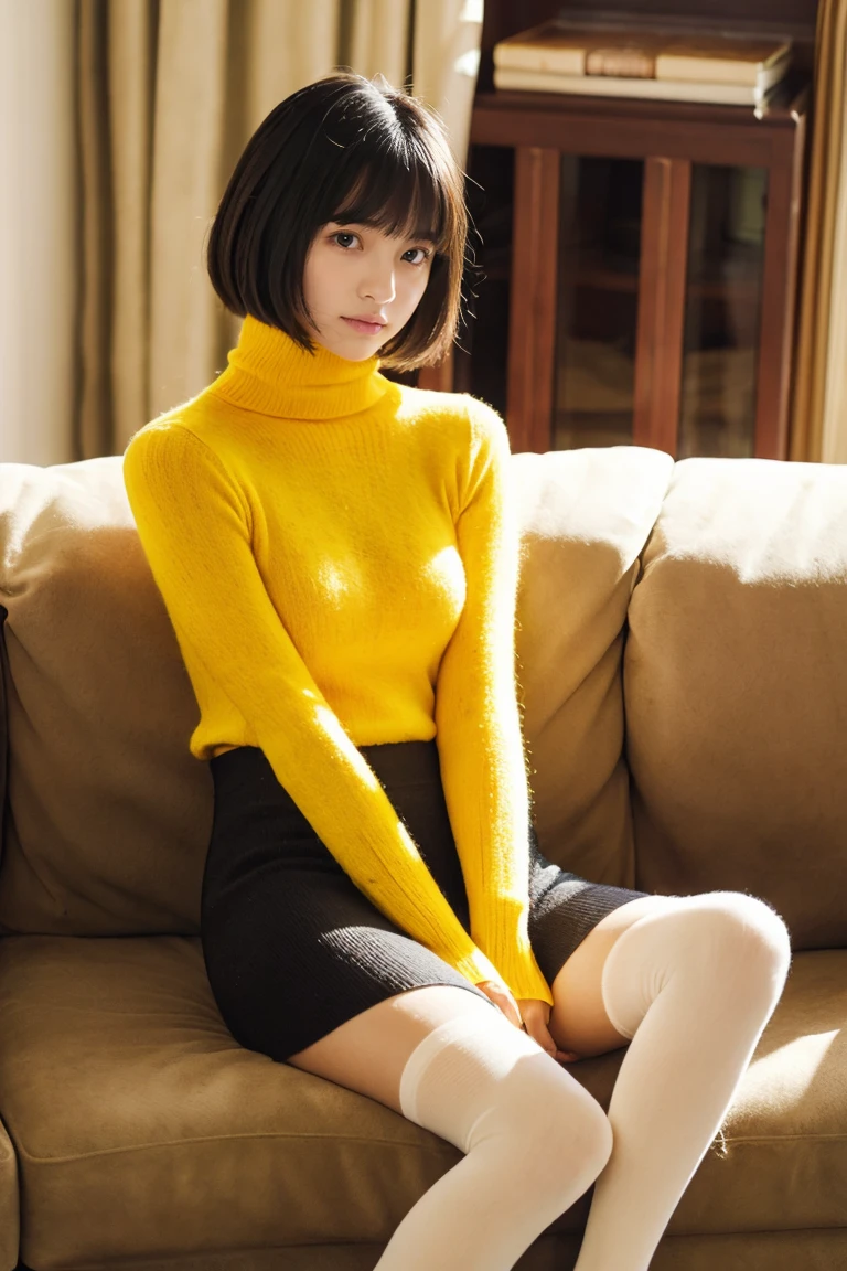 Beautiful girl wearing a red turtleneck sweater、With bangs、Black hair short bob、Bruises、14years、inside in room、sofas、(Wool miniskirt)、wool tights、Spinning、