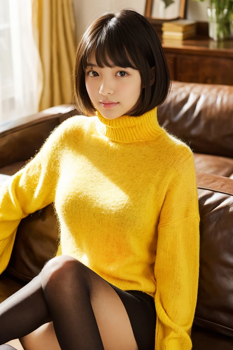 Beautiful girl wearing a yellow turtleneck sweater、With bangs、Black hair short bob、Bruises、ars、inside in room、sofas、(Wool miniskirt)、wool tights、Spinning、