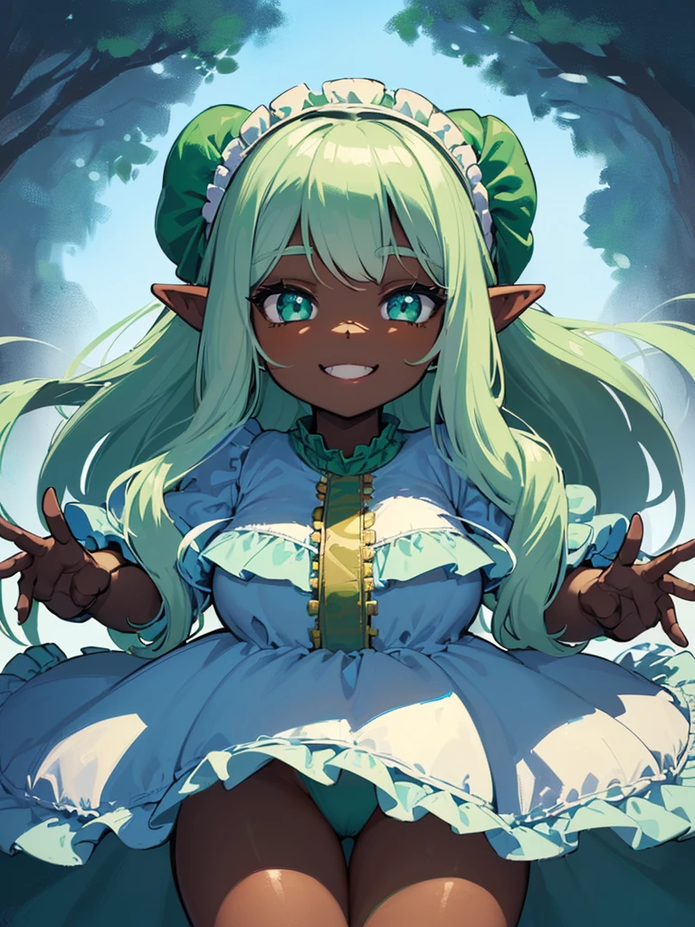 (((I want an elf child with dark skin, long white hair and detailed green eyes, a childish and chubby body, wearing a light blue dress with ruffles, a smile on her face)))