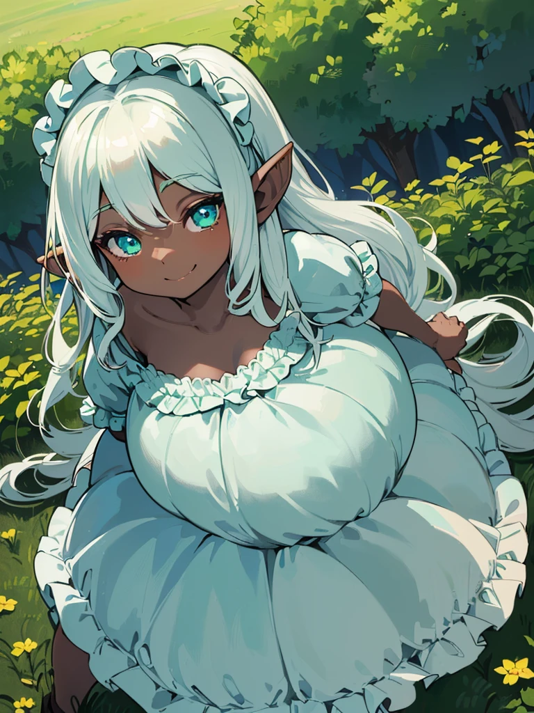 goblin girl, blue hair, very long hair, dark_ skin, dark skin goblin, very dark skin girl natural huge breasts, hair between eyes, twintails, chubby, chubby girl, chubby girl goblin, wide hips, blue eyes, mole, mole on chest, age up, lips, big lips, thick eyebrows, body with fur, tusk, short girl, short goblin girl twintails, short girl, highly detailed, high quality, best quality, 8k, full body, fat, fat girl, smile, Wedding dress, dress, white dress,