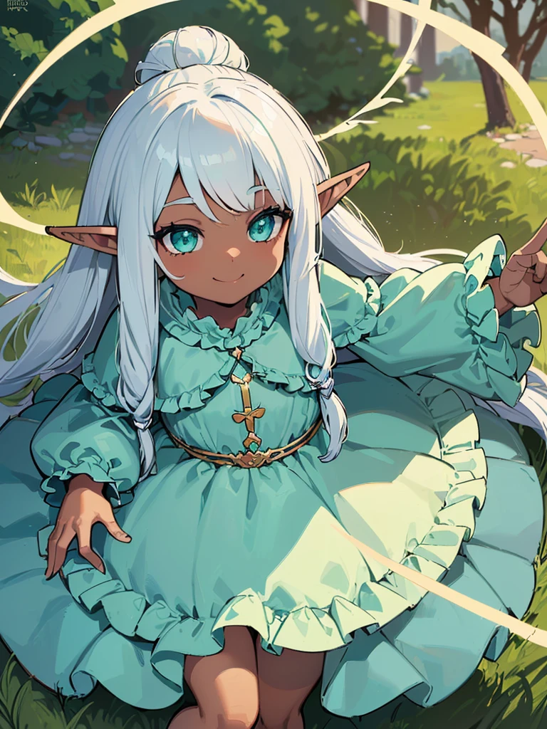 (((I want an elf ***** with dark skin, long white hair and detailed green eyes, a childish and chubby body, wearing a light blue dress with ruffles, a smile on her face)))