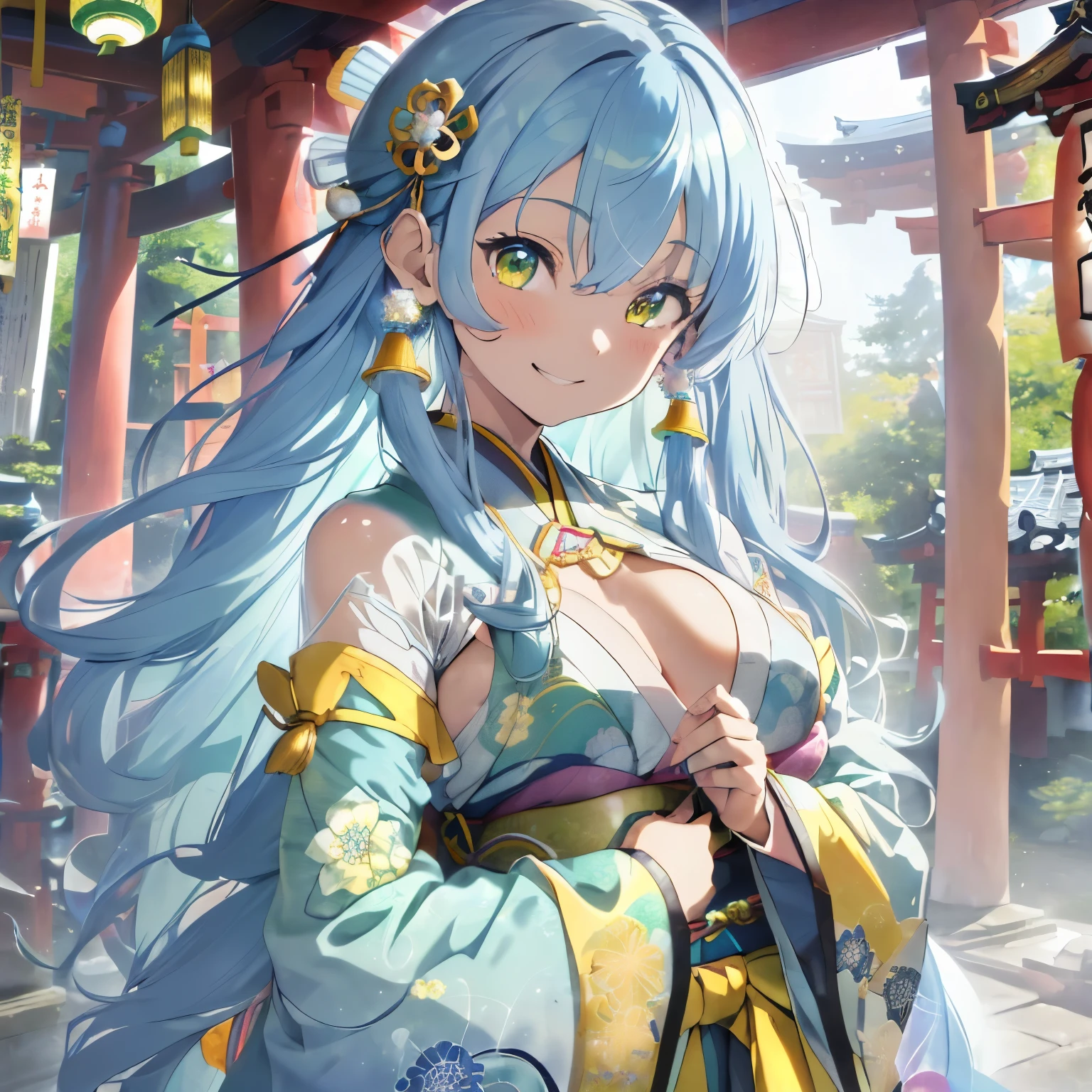 (Light blue hair:1.2),(Fluffy long hair with curls:1.2),(Light yellow eyes),(With bangs),(First visit to a shrine:1.25),(colourfull:1.2),(Staring at me),(Japanese pattern clothing:1.4),(accessories like flowers and crystals:1.3),(Lower breast:1.5),(Transparent double sleeve long sleeves:1.5),(chest protruding from clothes,:1.4),(Smiling happily:1.3),Slight red tide,(Kamimei),(Close-up of face 1.5),(black and blue and yellow and green:1.25),