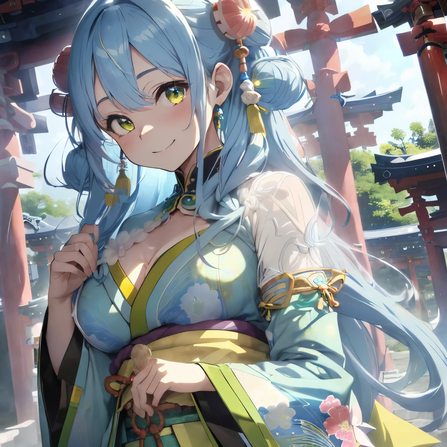 (Light blue hair:1.2),(Fluffy long hair with curls:1.2),(Light yellow eyes),(With bangs),(First visit to a shrine:1.25),(colourfull:1.2),(Staring at me),(Japanese pattern clothing:1.4),(accessories like flowers and crystals:1.3),(Lower breast:1.5),(Transparent double sleeve long sleeves:1.5),(chest protruding from clothes,:1.4),(Smiling happily:1.3),Slight red tide,(Kamimei),(Close-up of face 1.5),(black and blue and yellow and green:1.25),